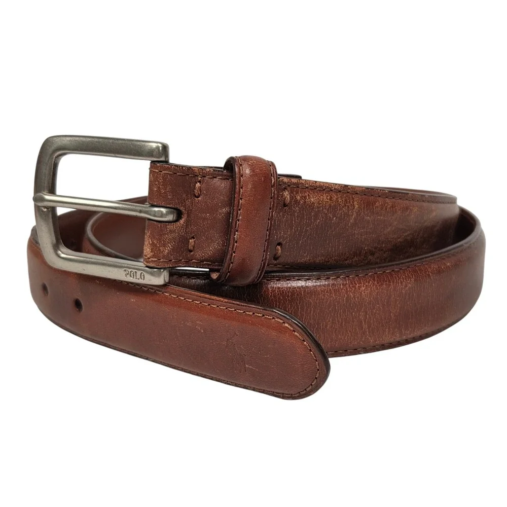 Vtg Polo Ralph Lauren Leather Belt Mens 40 Brown Silver Buckle 405191717 Classic